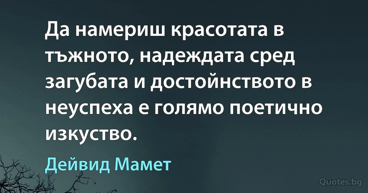 Да намериш красотата в тъжното, надеждата сред загубата и достойнството в неуспеха е голямо поетично изкуство. (Дейвид Мамет)