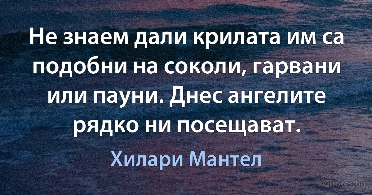 Не знаем дали крилата им са подобни на соколи, гарвани или пауни. Днес ангелите рядко ни посещават. (Хилари Мантел)