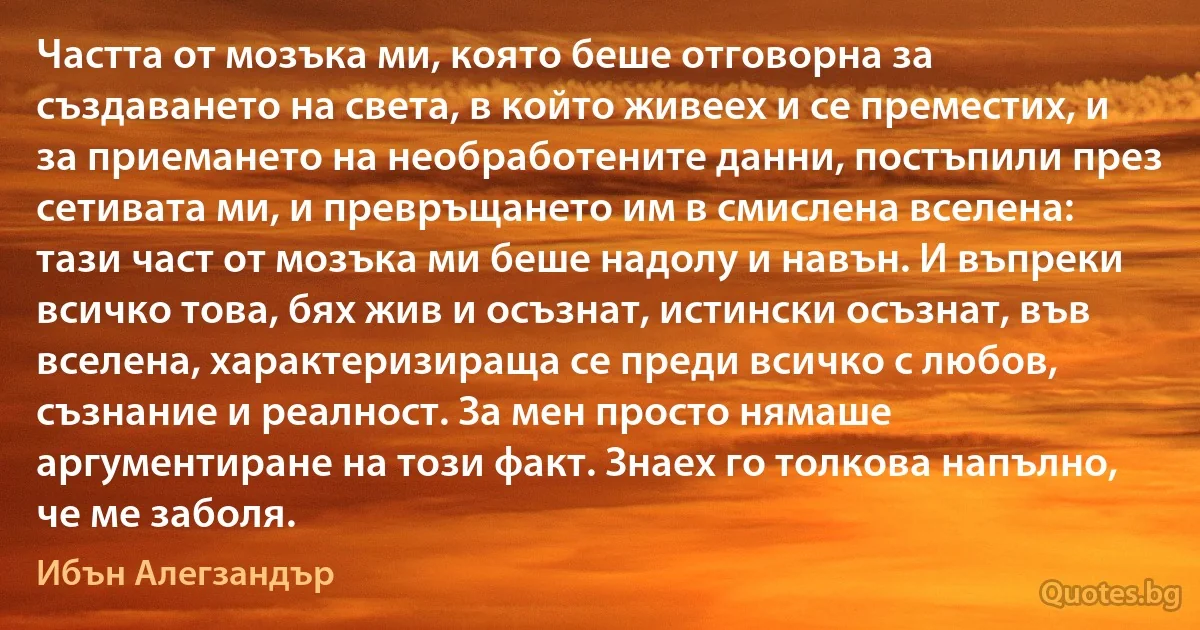 Частта от мозъка ми, която беше отговорна за създаването на света, в който живеех и се преместих, и за приемането на необработените данни, постъпили през сетивата ми, и превръщането им в смислена вселена: тази част от мозъка ми беше надолу и навън. И въпреки всичко това, бях жив и осъзнат, истински осъзнат, във вселена, характеризираща се преди всичко с любов, съзнание и реалност. За мен просто нямаше аргументиране на този факт. Знаех го толкова напълно, че ме заболя. (Ибън Алегзандър)