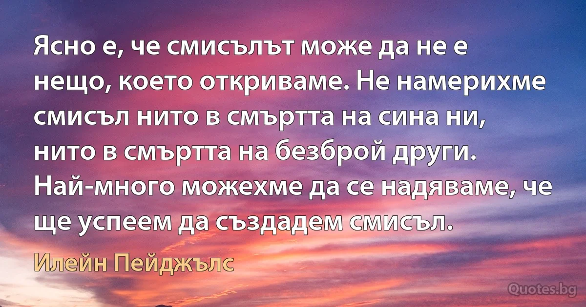 Ясно е, че смисълът може да не е нещо, което откриваме. Не намерихме смисъл нито в смъртта на сина ни, нито в смъртта на безброй други. Най-много можехме да се надяваме, че ще успеем да създадем смисъл. (Илейн Пейджълс)