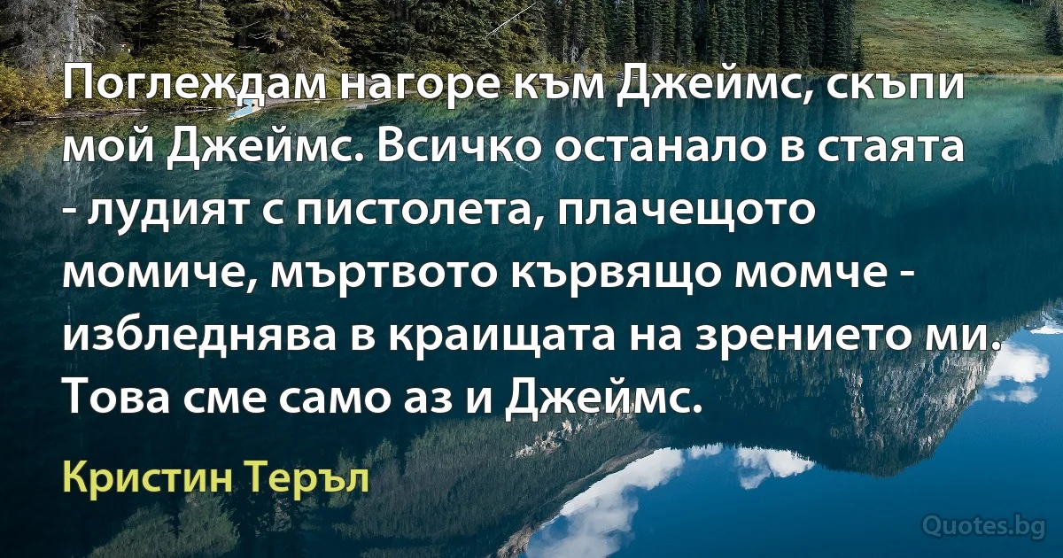 Поглеждам нагоре към Джеймс, скъпи мой Джеймс. Всичко останало в стаята - лудият с пистолета, плачещото момиче, мъртвото кървящо момче - избледнява в краищата на зрението ми. Това сме само аз и Джеймс. (Кристин Теръл)