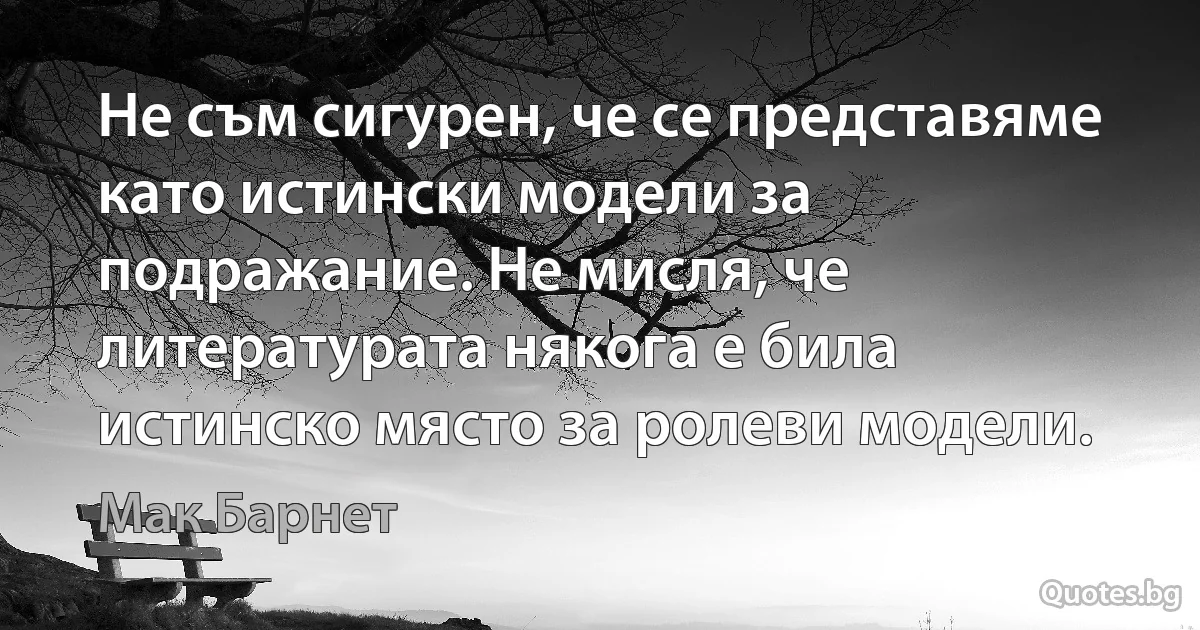 Не съм сигурен, че се представяме като истински модели за подражание. Не мисля, че литературата някога е била истинско място за ролеви модели. (Мак Барнет)