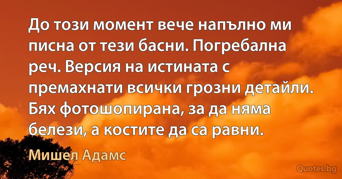 До този момент вече напълно ми писна от тези басни. Погребална реч. Версия на истината с премахнати всички грозни детайли. Бях фотошопирана, за да няма белези, а костите да са равни. (Мишел Адамс)