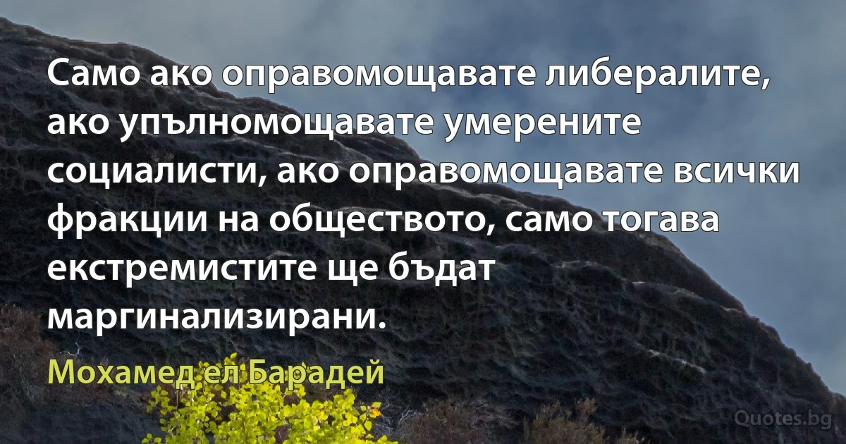 Само ако оправомощавате либералите, ако упълномощавате умерените социалисти, ако оправомощавате всички фракции на обществото, само тогава екстремистите ще бъдат маргинализирани. (Мохамед ел Барадей)