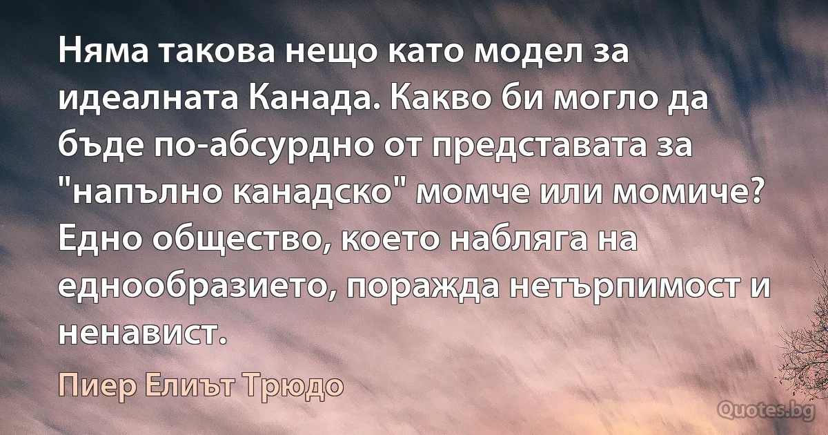 Няма такова нещо като модел за идеалната Канада. Какво би могло да бъде по-абсурдно от представата за "напълно канадско" момче или момиче? Едно общество, което набляга на еднообразието, поражда нетърпимост и ненавист. (Пиер Елиът Трюдо)