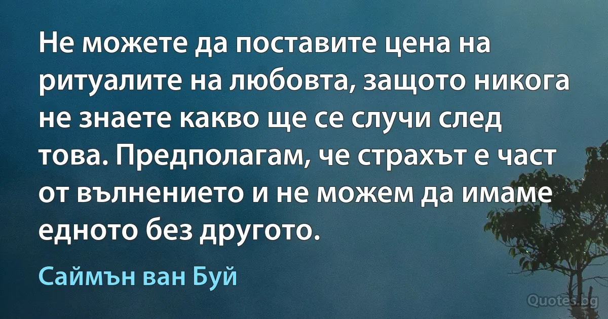 Не можете да поставите цена на ритуалите на любовта, защото никога не знаете какво ще се случи след това. Предполагам, че страхът е част от вълнението и не можем да имаме едното без другото. (Саймън ван Буй)