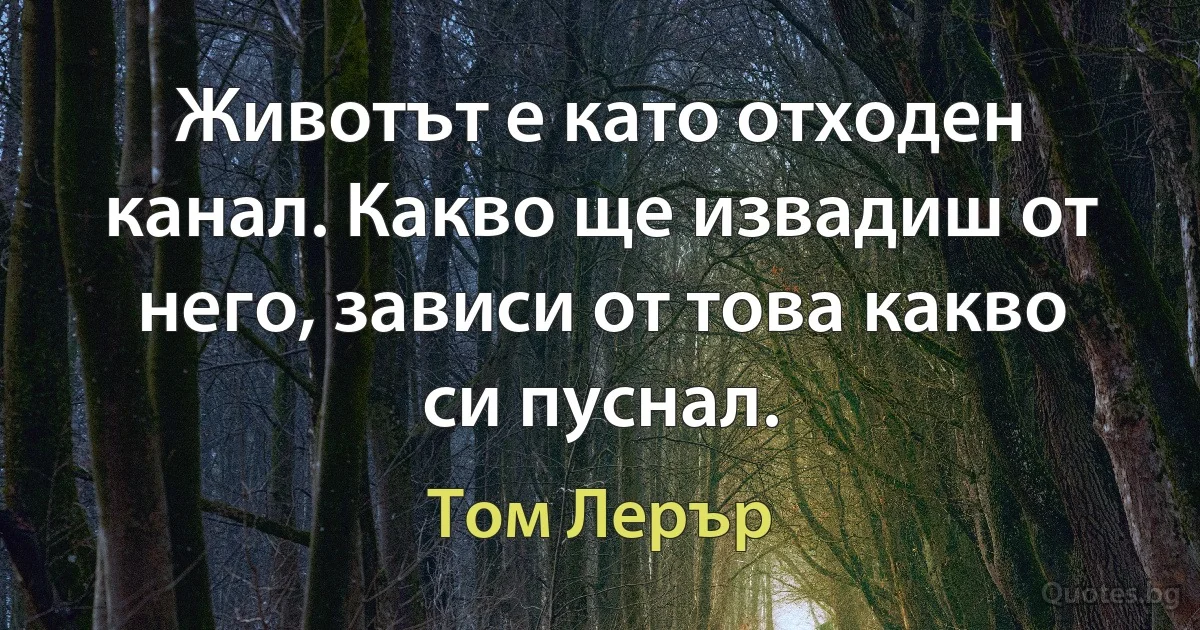 Животът е като отходен канал. Какво ще извадиш от него, зависи от това какво си пуснал. (Том Лерър)