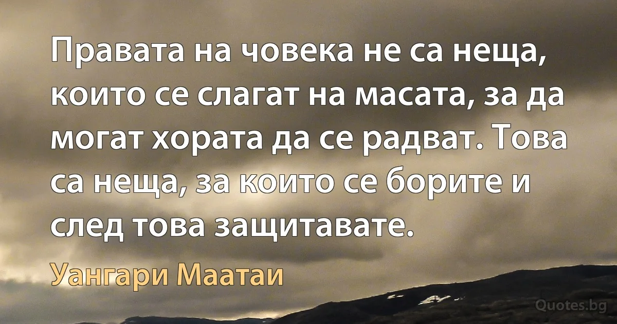 Правата на човека не са неща, които се слагат на масата, за да могат хората да се радват. Това са неща, за които се борите и след това защитавате. (Уангари Маатаи)