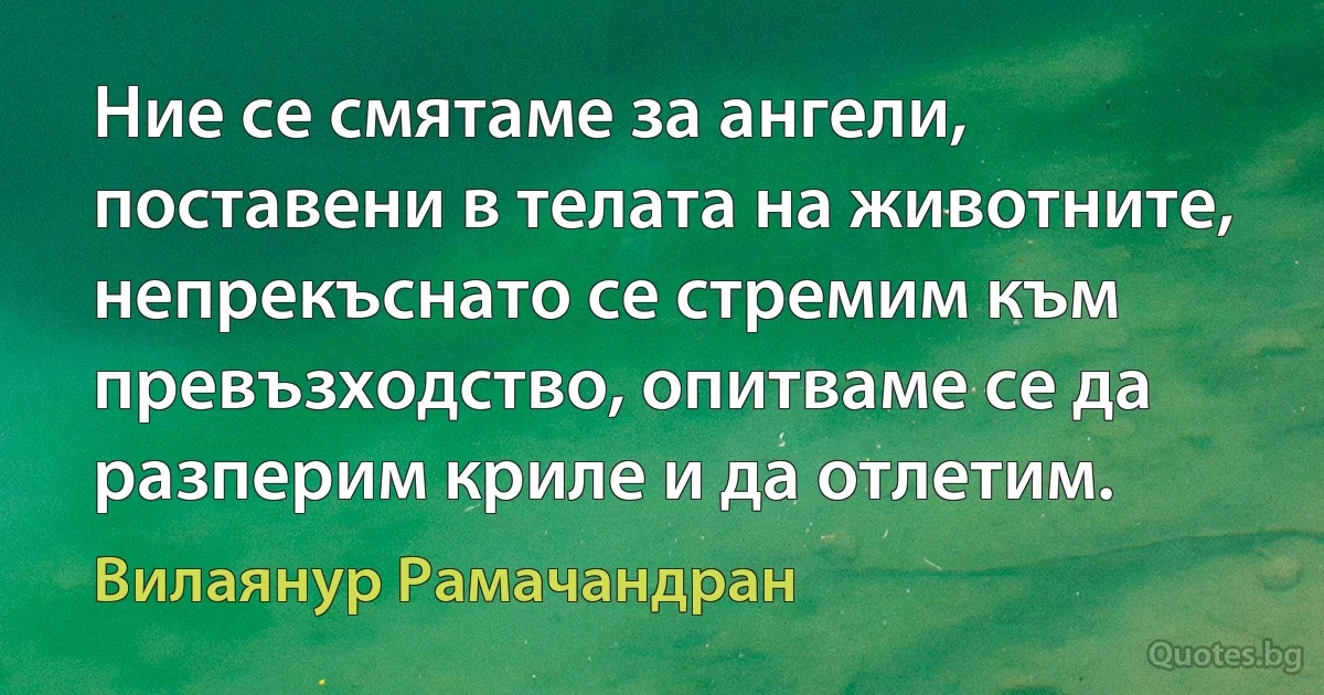 Ние се смятаме за ангели, поставени в телата на животните, непрекъснато се стремим към превъзходство, опитваме се да разперим криле и да отлетим. (Вилаянур Рамачандран)