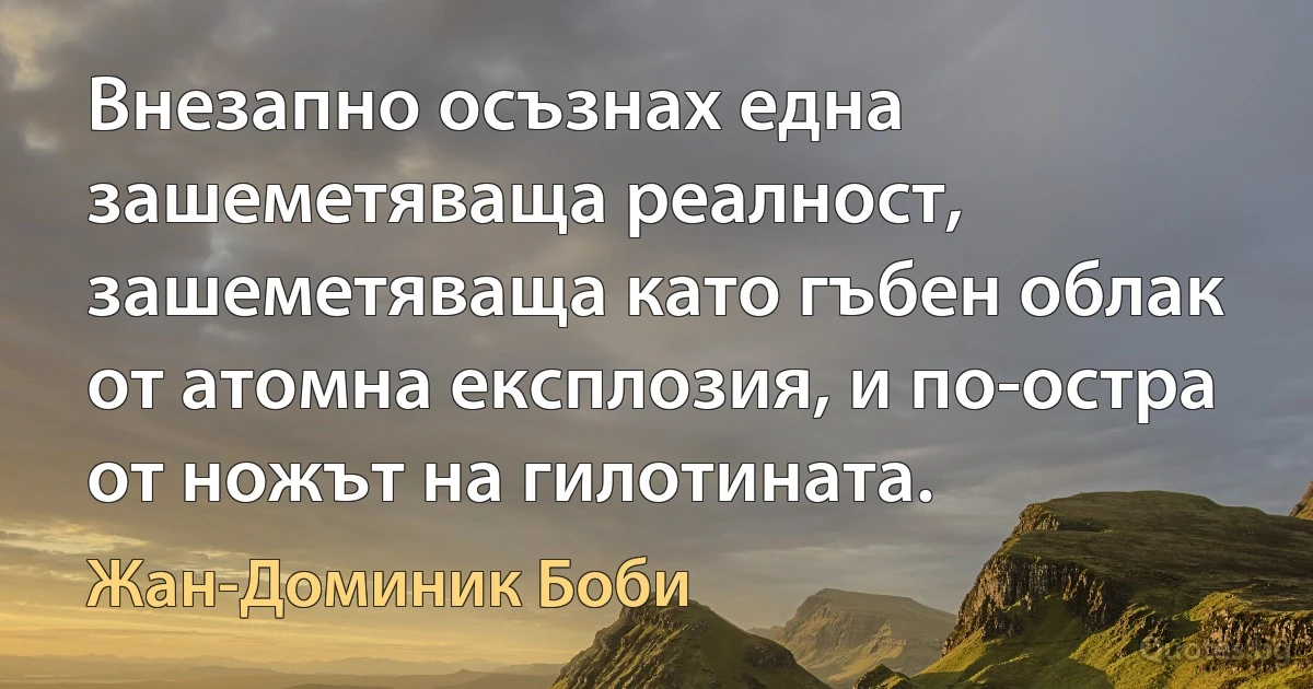 Внезапно осъзнах една зашеметяваща реалност, зашеметяваща като гъбен облак от атомна експлозия, и по-остра от ножът на гилотината. (Жан-Доминик Боби)