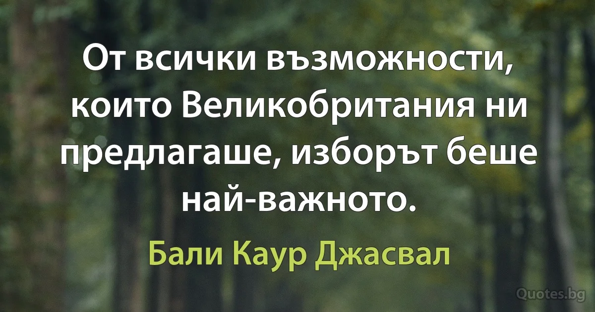 От всички възможности, които Великобритания ни предлагаше, изборът беше най-важното. (Бали Каур Джасвал)