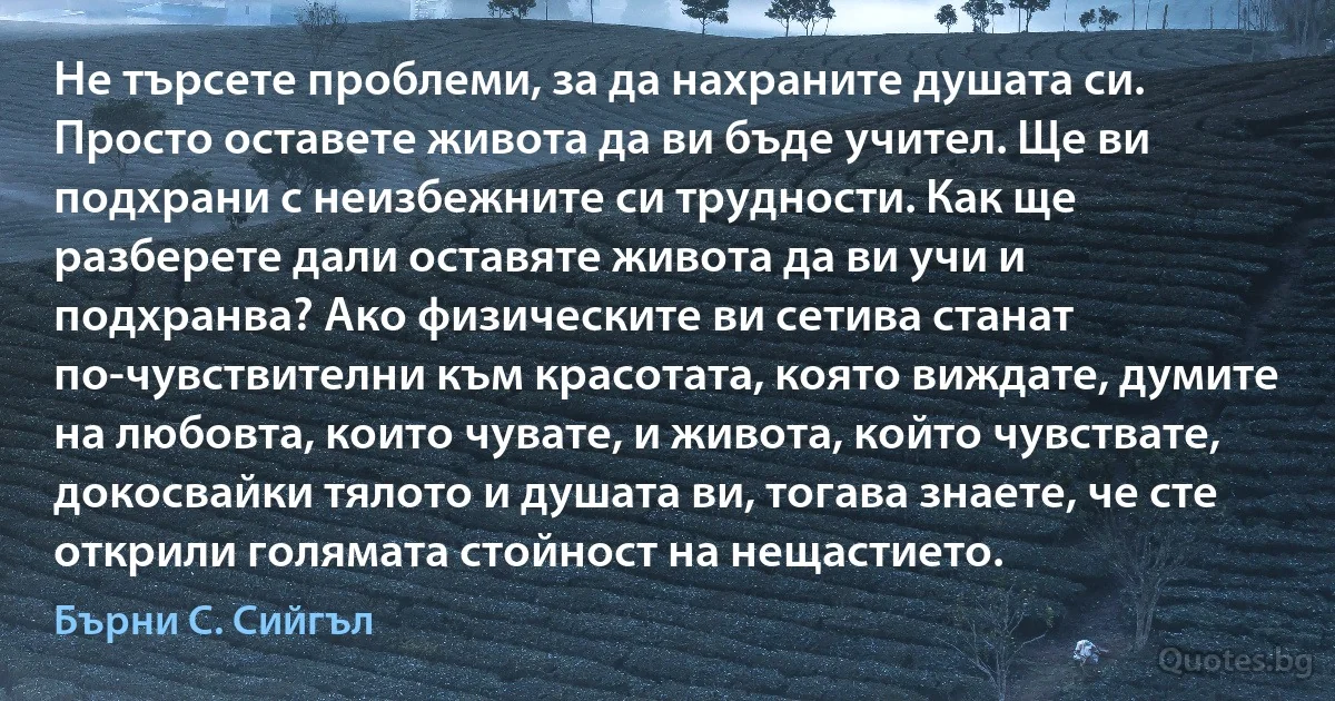 Не търсете проблеми, за да нахраните душата си. Просто оставете живота да ви бъде учител. Ще ви подхрани с неизбежните си трудности. Как ще разберете дали оставяте живота да ви учи и подхранва? Ако физическите ви сетива станат по-чувствителни към красотата, която виждате, думите на любовта, които чувате, и живота, който чувствате, докосвайки тялото и душата ви, тогава знаете, че сте открили голямата стойност на нещастието. (Бърни С. Сийгъл)