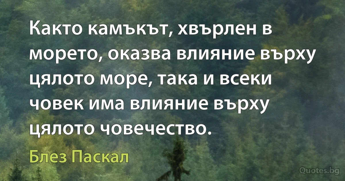 Както камъкът, хвърлен в морето, оказва влияние върху цялото море, така и всеки човек има влияние върху цялото човечество. (Блез Паскал)