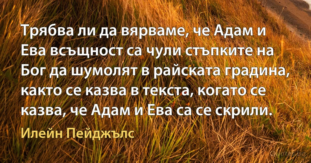 Трябва ли да вярваме, че Адам и Ева всъщност са чули стъпките на Бог да шумолят в райската градина, както се казва в текста, когато се казва, че Адам и Ева са се скрили. (Илейн Пейджълс)