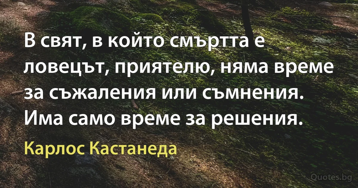 В свят, в който смъртта е ловецът, приятелю, няма време за съжаления или съмнения. Има само време за решения. (Карлос Кастанеда)