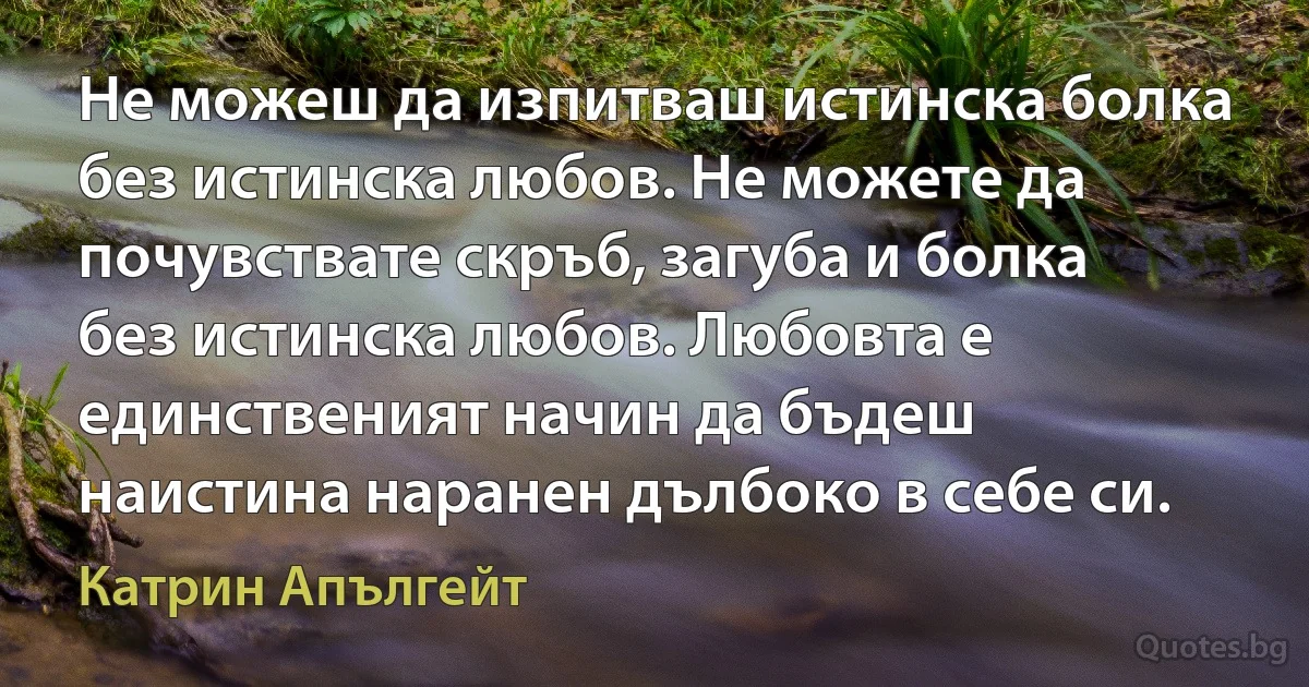 Не можеш да изпитваш истинска болка без истинска любов. Не можете да почувствате скръб, загуба и болка без истинска любов. Любовта е единственият начин да бъдеш наистина наранен дълбоко в себе си. (Катрин Апългейт)