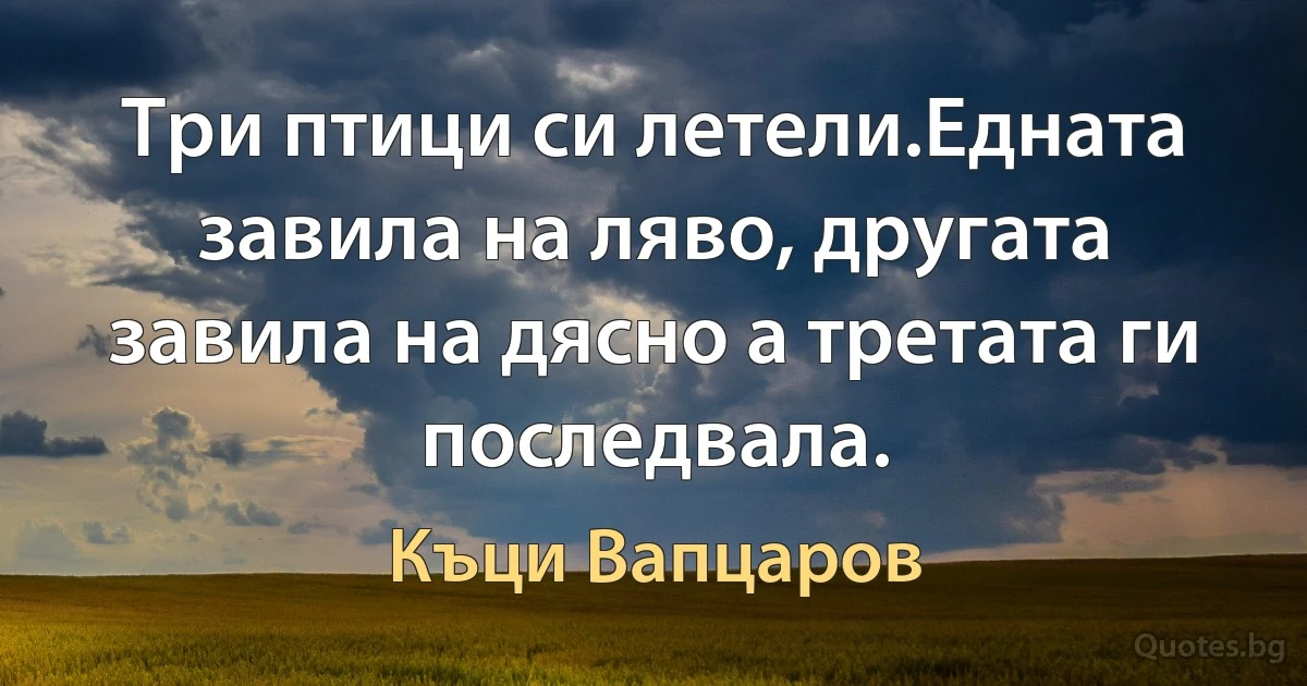 Три птици си летели.Едната завила на ляво, другата завила на дясно а третата ги последвала. (Къци Вапцаров)