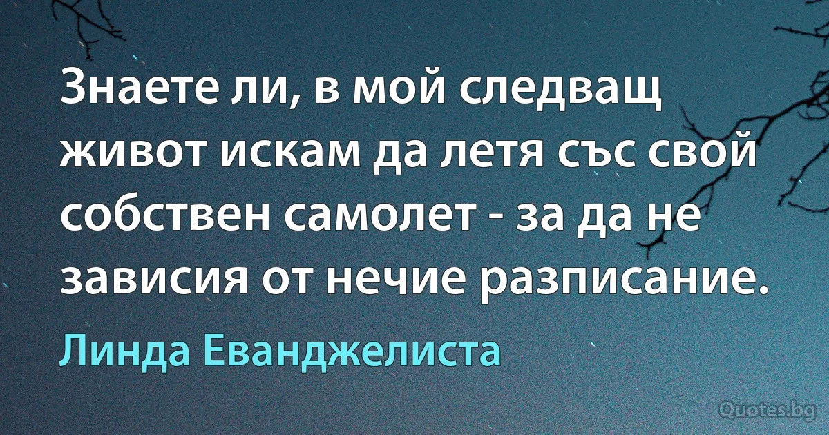 Знаете ли, в мой следващ живот искам да летя със свой собствен самолет - за да не зависия от нечие разписание. (Линда Еванджелиста)