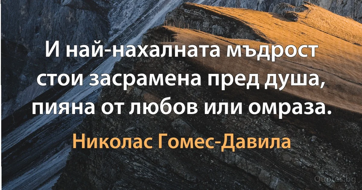 И най-нахалната мъдрост стои засрамена пред душа, пияна от любов или омраза. (Николас Гомес-Давила)