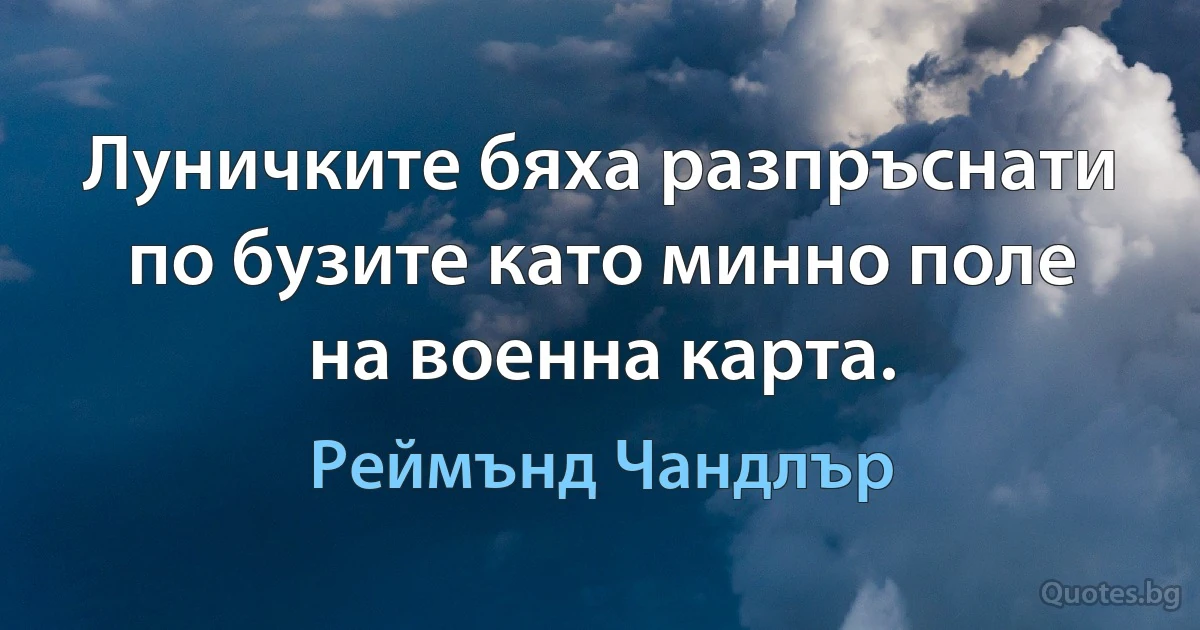 Луничките бяха разпръснати по бузите като минно поле на военна карта. (Реймънд Чандлър)