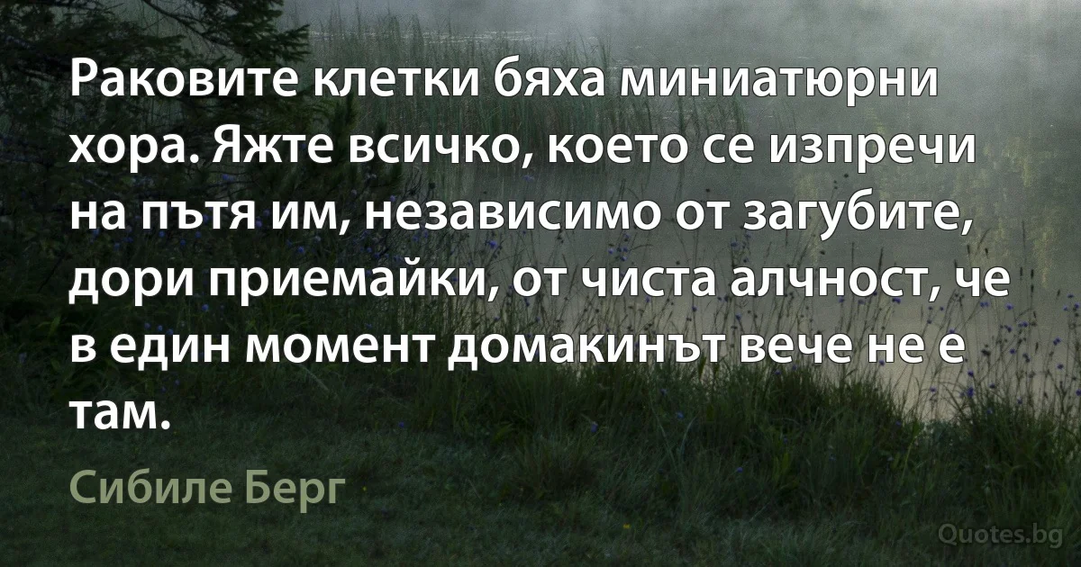 Раковите клетки бяха миниатюрни хора. Яжте всичко, което се изпречи на пътя им, независимо от загубите, дори приемайки, от чиста алчност, че в един момент домакинът вече не е там. (Сибиле Берг)