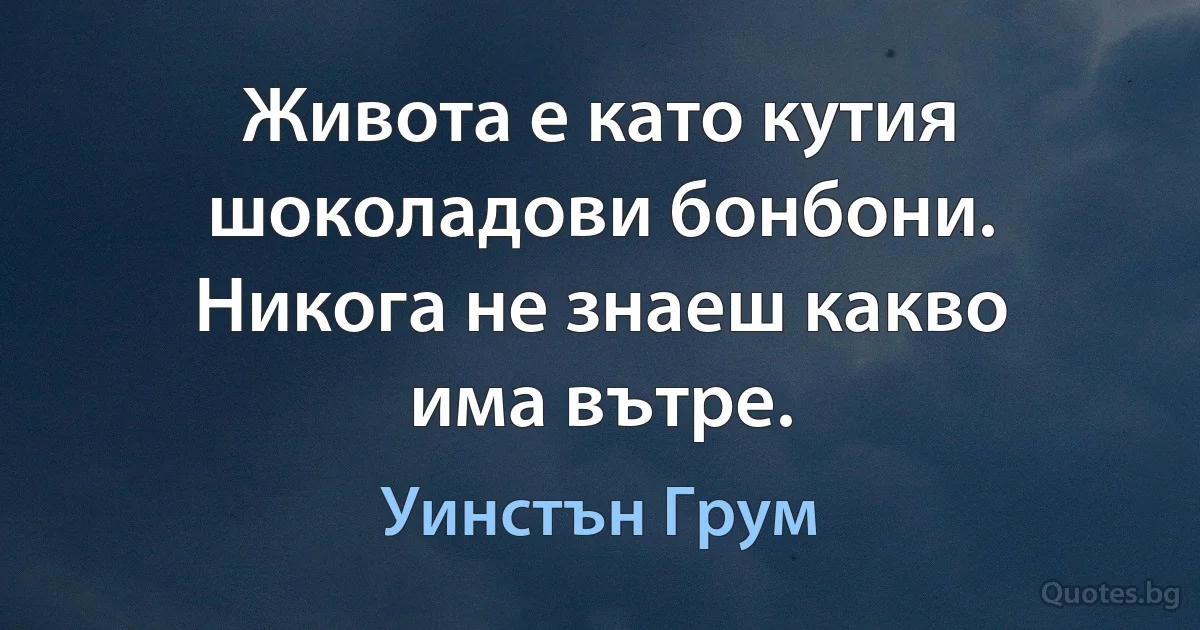 Живота е като кутия шоколадови бонбони. Никога не знаеш какво има вътре. (Уинстън Грум)