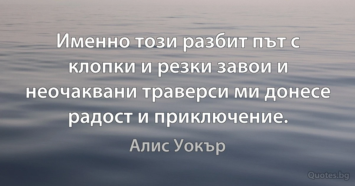 Именно този разбит път с клопки и резки завои и неочаквани траверси ми донесе радост и приключение. (Алис Уокър)