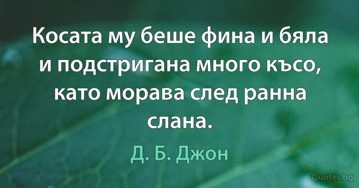 Косата му беше фина и бяла и подстригана много късо, като морава след ранна слана. (Д. Б. Джон)