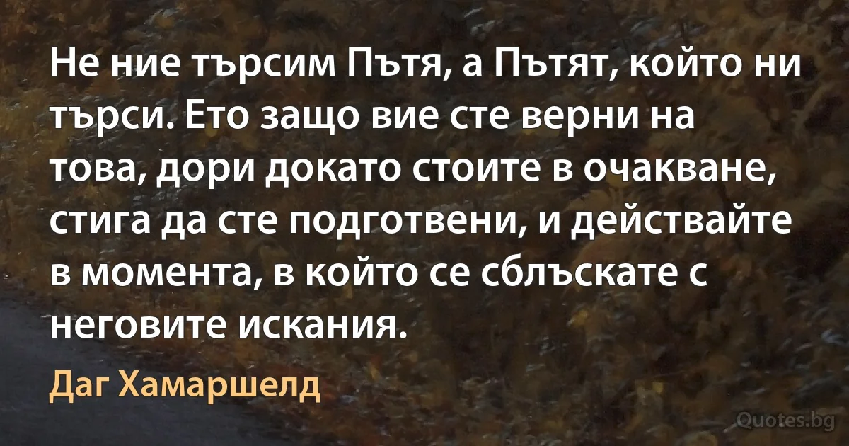 Не ние търсим Пътя, а Пътят, който ни търси. Ето защо вие сте верни на това, дори докато стоите в очакване, стига да сте подготвени, и действайте в момента, в който се сблъскате с неговите искания. (Даг Хамаршелд)