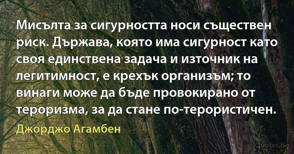 Мисълта за сигурността носи съществен риск. Държава, която има сигурност като своя единствена задача и източник на легитимност, е крехък организъм; то винаги може да бъде провокирано от тероризма, за да стане по-терористичен. (Джорджо Агамбен)