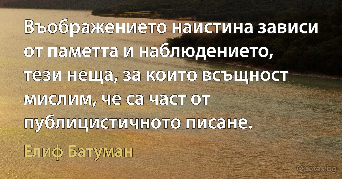 Въображението наистина зависи от паметта и наблюдението, тези неща, за които всъщност мислим, че са част от публицистичното писане. (Елиф Батуман)