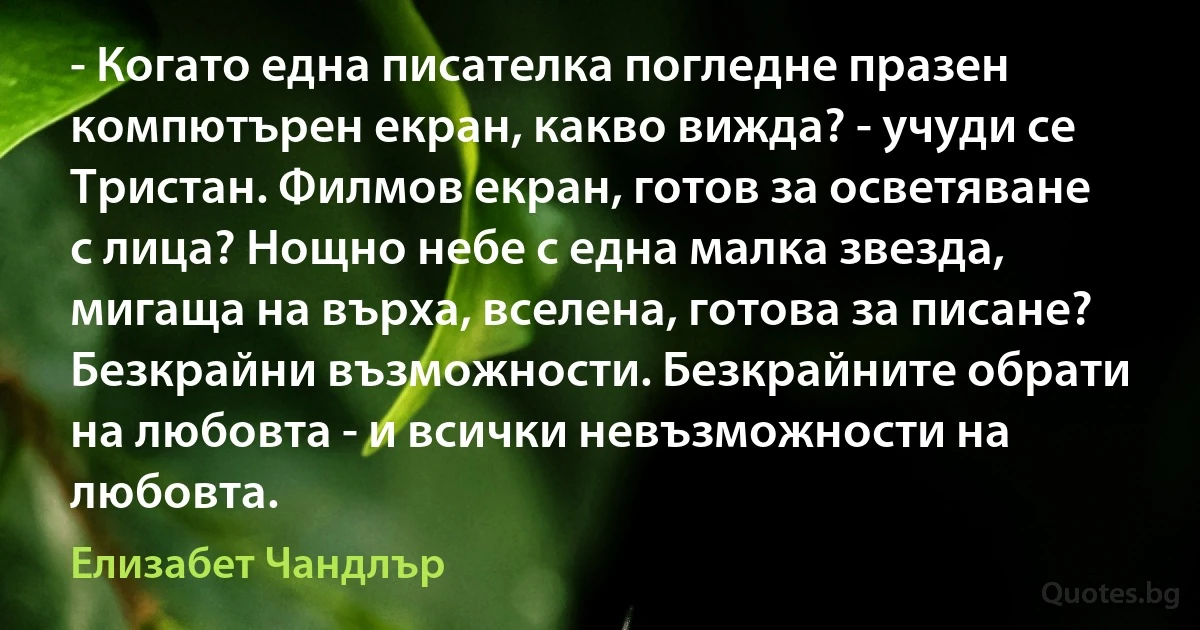 - Когато една писателка погледне празен компютърен екран, какво вижда? - учуди се Тристан. Филмов екран, готов за осветяване с лица? Нощно небе с една малка звезда, мигаща на върха, вселена, готова за писане? Безкрайни възможности. Безкрайните обрати на любовта - и всички невъзможности на любовта. (Елизабет Чандлър)