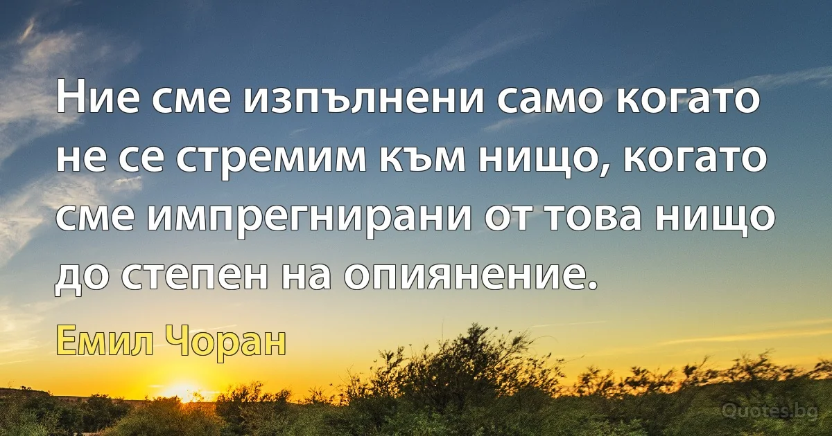 Ние сме изпълнени само когато не се стремим към нищо, когато сме импрегнирани от това нищо до степен на опиянение. (Емил Чоран)