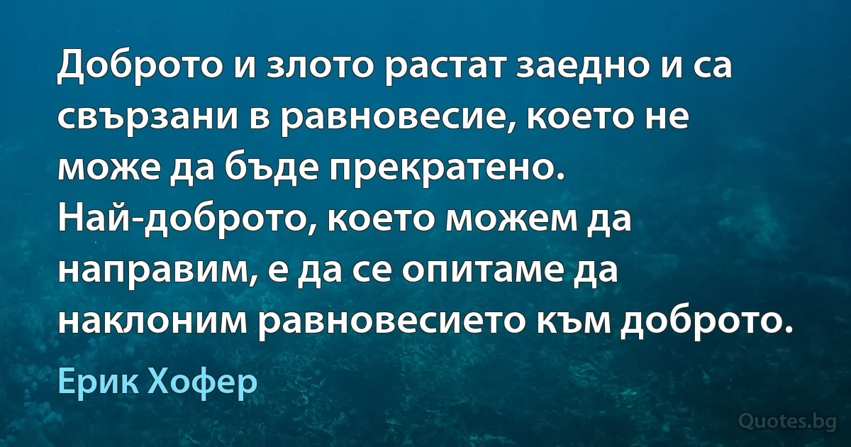 Доброто и злото растат заедно и са свързани в равновесие, което не може да бъде прекратено. Най-доброто, което можем да направим, е да се опитаме да наклоним равновесието към доброто. (Ерик Хофер)