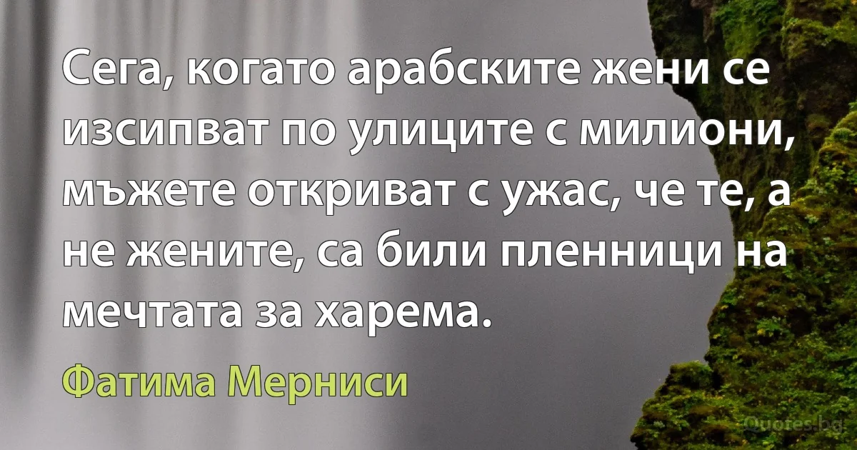 Сега, когато арабските жени се изсипват по улиците с милиони, мъжете откриват с ужас, че те, а не жените, са били пленници на мечтата за харема. (Фатима Мерниси)