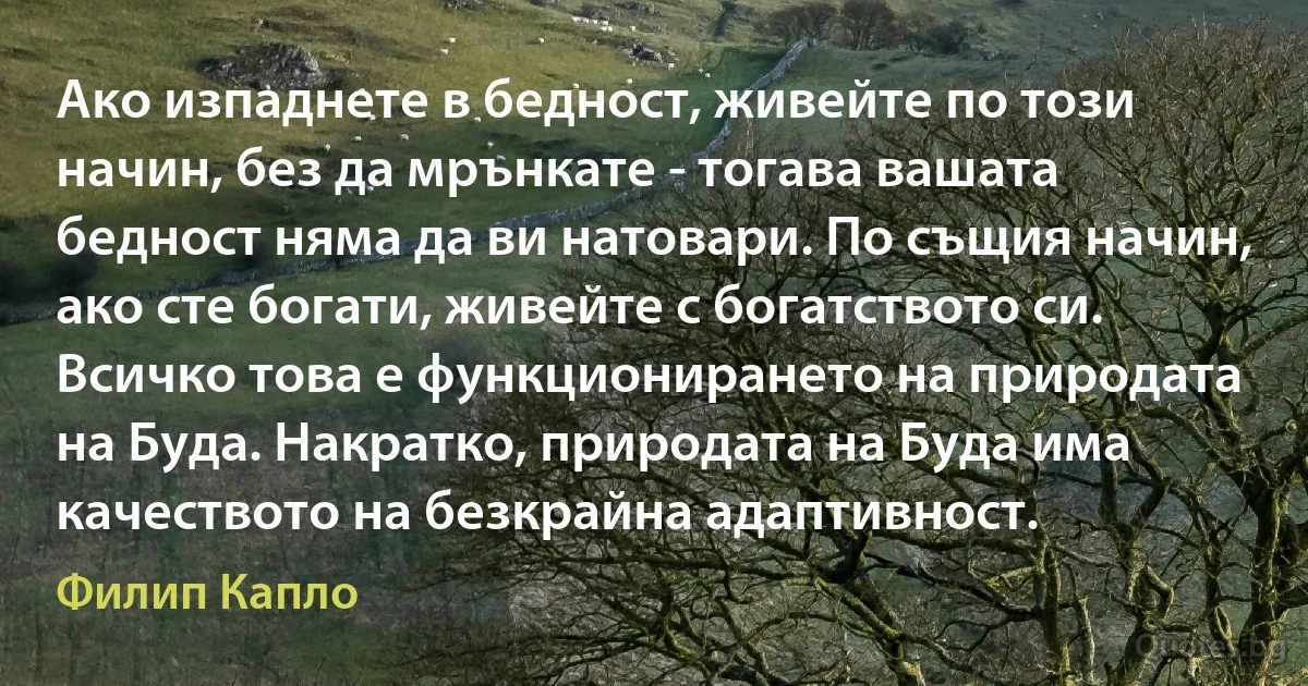 Ако изпаднете в бедност, живейте по този начин, без да мрънкате - тогава вашата бедност няма да ви натовари. По същия начин, ако сте богати, живейте с богатството си. Всичко това е функционирането на природата на Буда. Накратко, природата на Буда има качеството на безкрайна адаптивност. (Филип Капло)