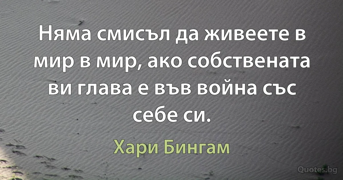 Няма смисъл да живеете в мир в мир, ако собствената ви глава е във война със себе си. (Хари Бингам)