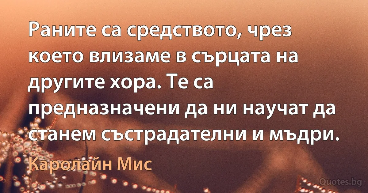 Раните са средството, чрез което влизаме в сърцата на другите хора. Те са предназначени да ни научат да станем състрадателни и мъдри. (Каролайн Мис)