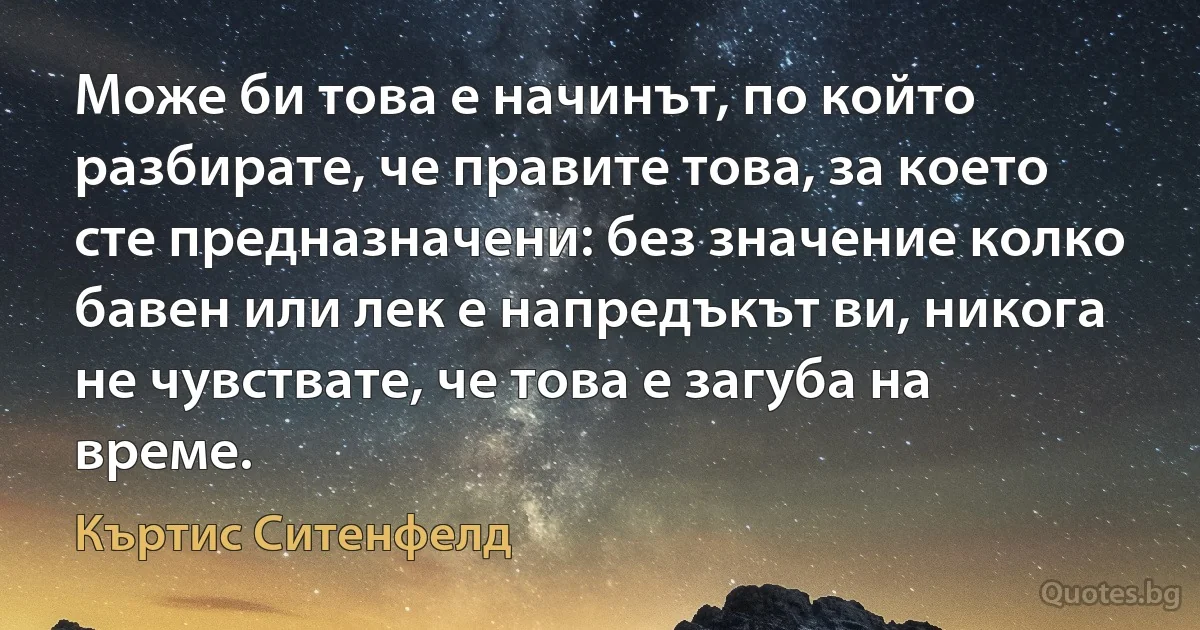 Може би това е начинът, по който разбирате, че правите това, за което сте предназначени: без значение колко бавен или лек е напредъкът ви, никога не чувствате, че това е загуба на време. (Къртис Ситенфелд)