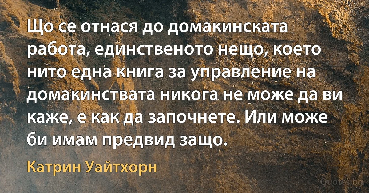 Що се отнася до домакинската работа, единственото нещо, което нито една книга за управление на домакинствата никога не може да ви каже, е как да започнете. Или може би имам предвид защо. (Катрин Уайтхорн)