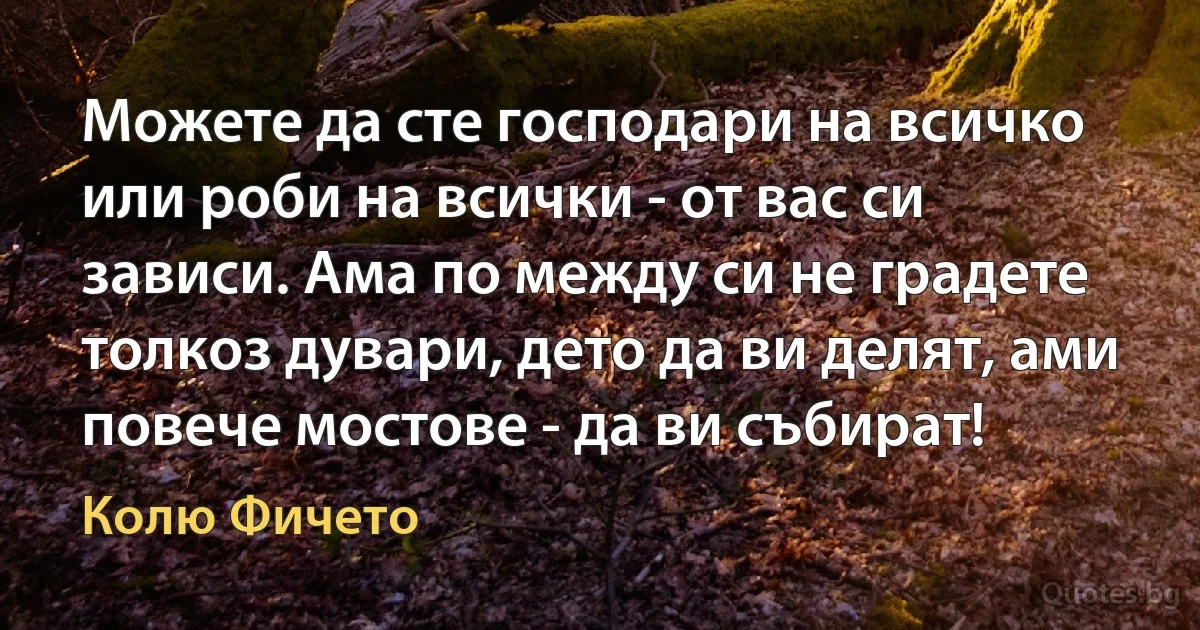 Можете да сте господари на всичко или роби на всички - от вас си зависи. Ама по между си не градете толкоз дувари, дето да ви делят, ами повече мостове - да ви събират! (Колю Фичето)