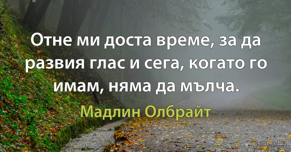 Отне ми доста време, за да развия глас и сега, когато го имам, няма да мълча. (Мадлин Олбрайт)