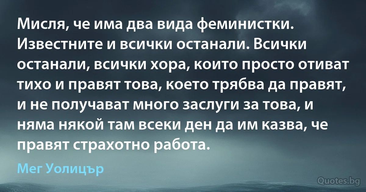 Мисля, че има два вида феминистки. Известните и всички останали. Всички останали, всички хора, които просто отиват тихо и правят това, което трябва да правят, и не получават много заслуги за това, и няма някой там всеки ден да им казва, че правят страхотно работа. (Мег Уолицър)