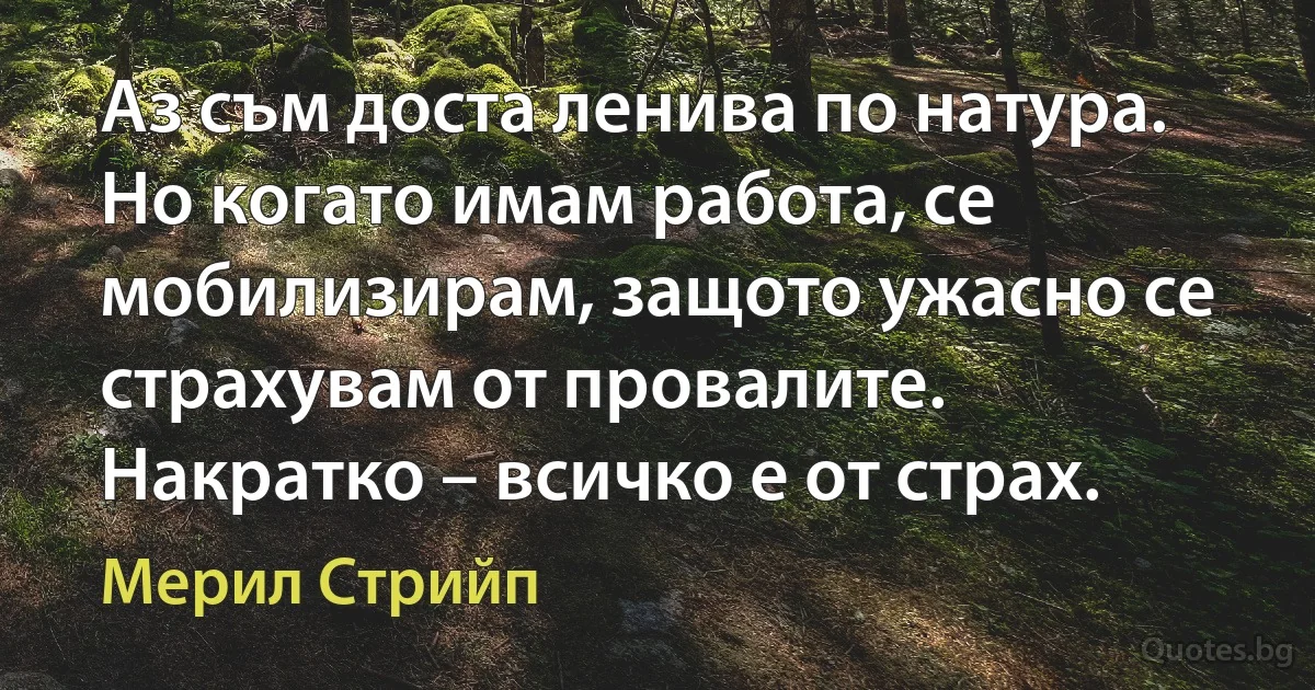 Аз съм доста ленива по натура. Но когато имам работа, се мобилизирам, защото ужасно се страхувам от провалите. Накратко – всичко е от страх. (Мерил Стрийп)