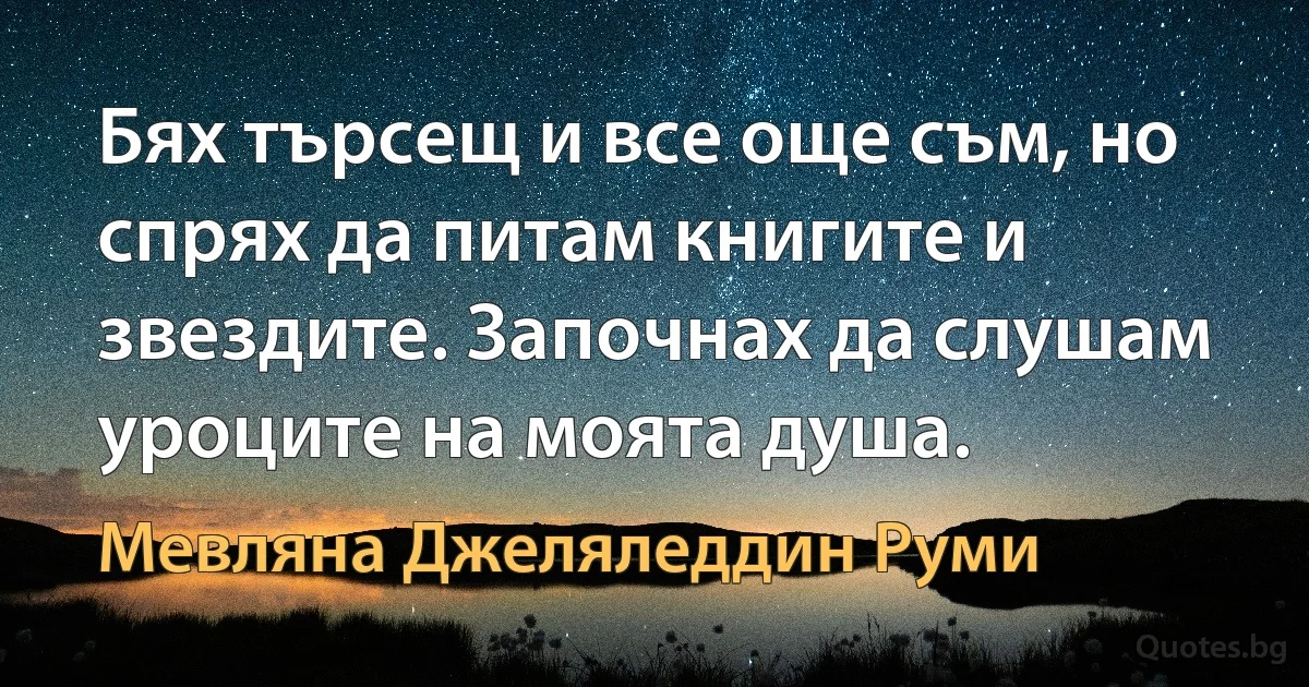 Бях търсещ и все още съм, но спрях да питам книгите и звездите. Започнах да слушам уроците на моята душа. (Мевляна Джеляледдин Руми)