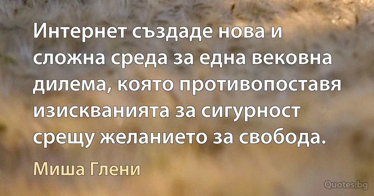 Интернет създаде нова и сложна среда за една вековна дилема, която противопоставя изискванията за сигурност срещу желанието за свобода. (Миша Глени)