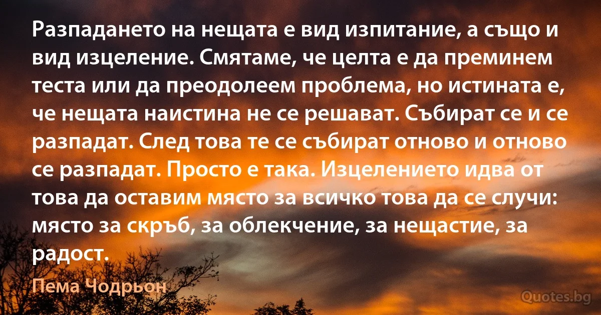 Разпадането на нещата е вид изпитание, а също и вид изцеление. Смятаме, че целта е да преминем теста или да преодолеем проблема, но истината е, че нещата наистина не се решават. Събират се и се разпадат. След това те се събират отново и отново се разпадат. Просто е така. Изцелението идва от това да оставим място за всичко това да се случи: място за скръб, за облекчение, за нещастие, за радост. (Пема Чодрьон)