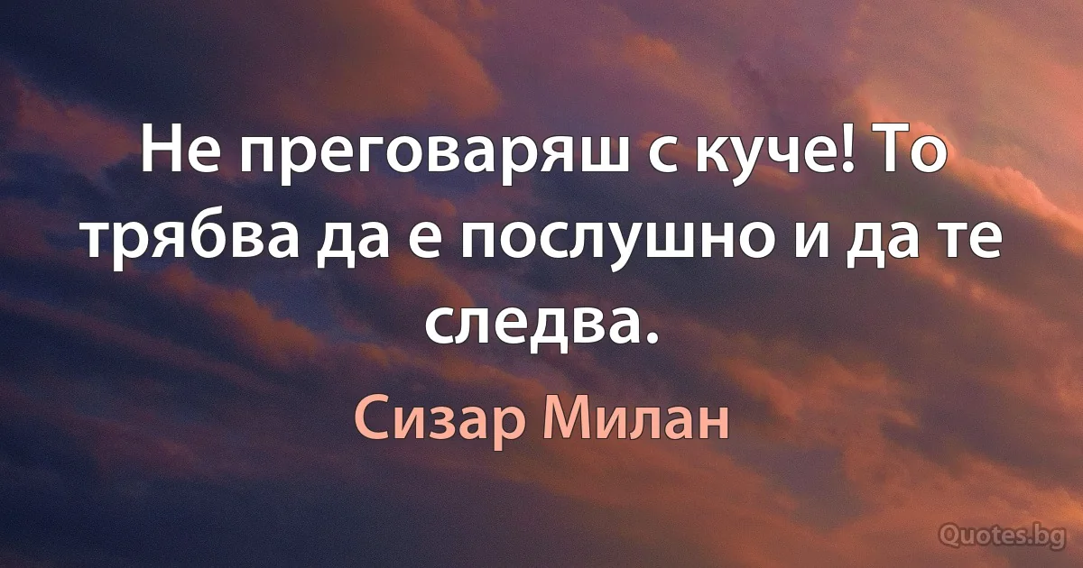 Не преговаряш с куче! То трябва да е послушно и да те следва. (Сизар Милан)