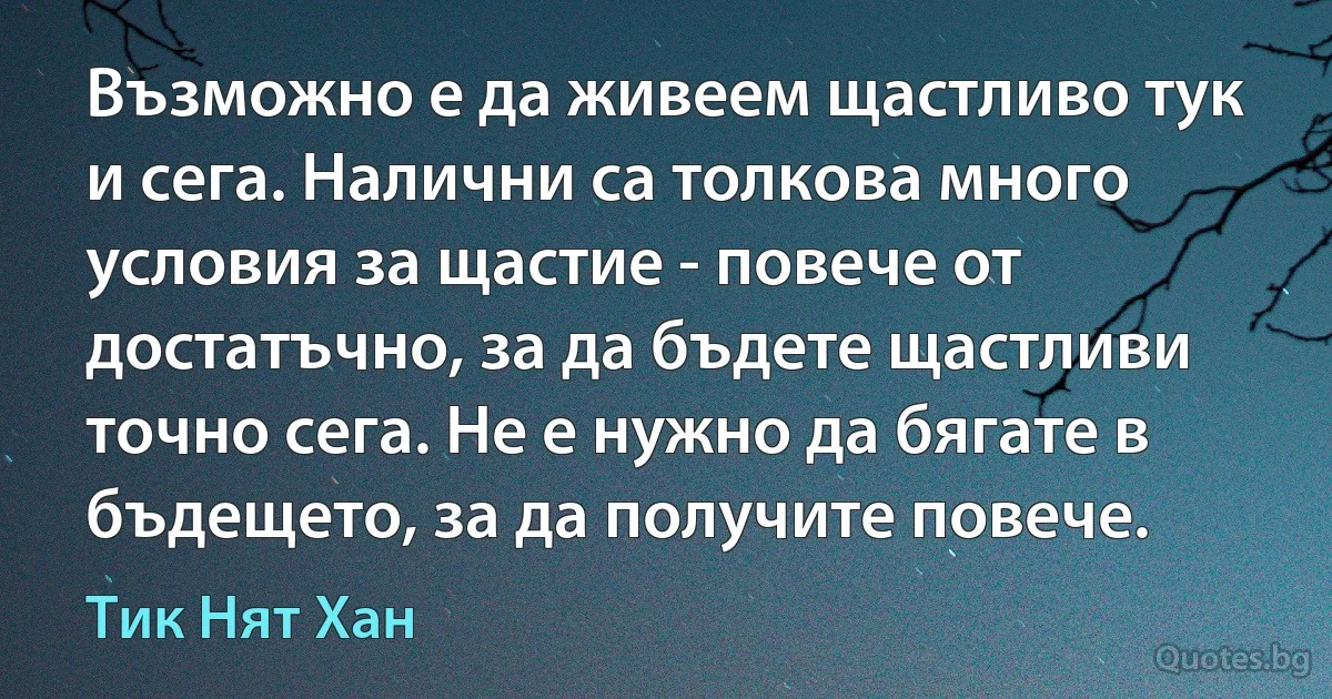 Възможно е да живеем щастливо тук и сега. Налични са толкова много условия за щастие - повече от достатъчно, за да бъдете щастливи точно сега. Не е нужно да бягате в бъдещето, за да получите повече. (Тик Нят Хан)