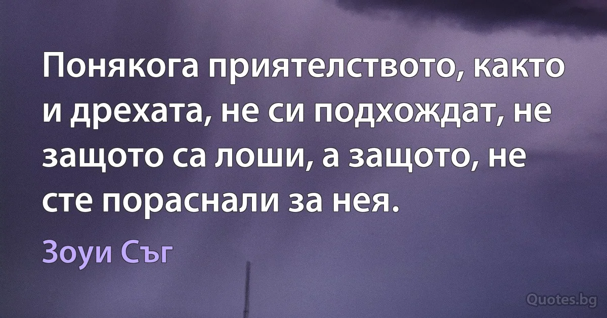 Понякога приятелството, както и дрехата, не си подхождат, не защото са лоши, а защото, не сте пораснали за нея. (Зоуи Съг)